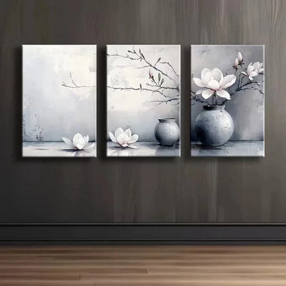 3pcs Magnolia flowers and Vases Metal Print Ready to Hang Art