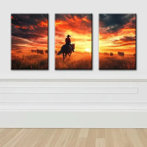 3pcs Cowboy On Horseback Illustration Wall Art Set Canvas Framed 50x70cm - High Quality Print 100% Australian Made Wall Canvas Ready to Hang