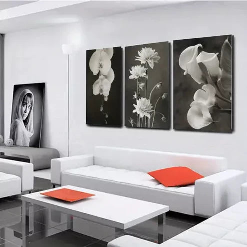 3pcs Beautiful Flower Painting Black And White Canvas Framed 60x90cm - High Quality Print 100% Australian Made Wall Canvas Ready to Hang