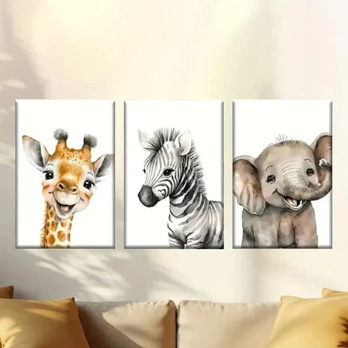 3pcs Giraffe, Zebra, Elephant Illustrations Wall Art Canvas Unframed – High Quality Print 100% Australian Made Wall Canvas