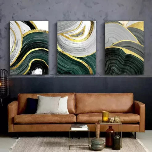 3pcs Gold Green Marble Line Wall Art Set Canvas Unframed - High Quality Print 100% Australian Made Wall Canvas