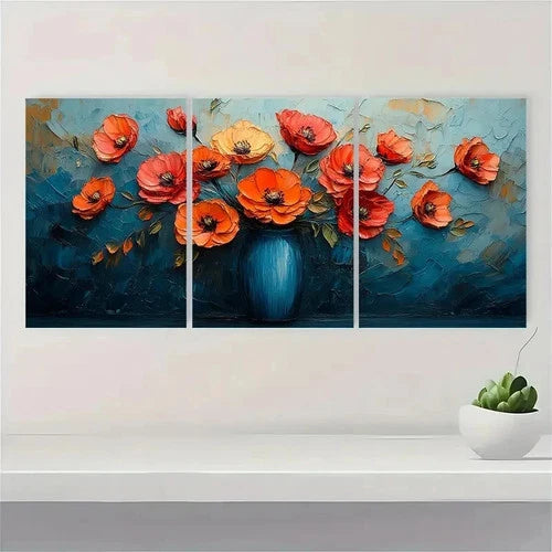 3pcs Red Orange poppies Artwork H Wall Art Set Canvas Framed 50x70cm - High Quality Print 100% Australian Made Wall Canvas Ready to Hang