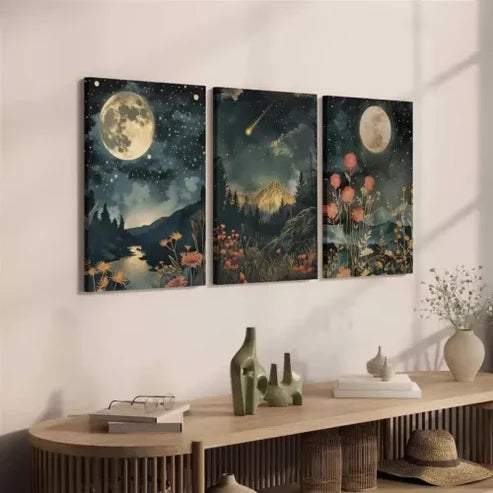 3pcs Moon & Wildflowers Mountain Canvas Framed 60x90cm - High Quality Print 100% Australian Made Wall Canvas Ready to Hang