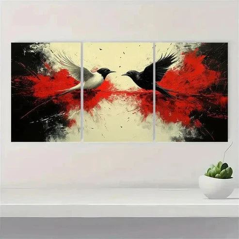 3pcs Black White and Red Birds  Wall Art Set Canvas Unframed - High Quality Print 100% Australian Made Wall Canvas