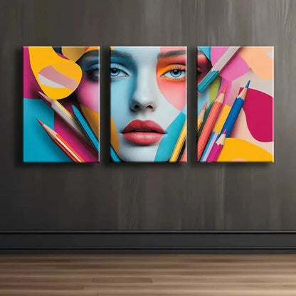 3pcs Abstract Female Face Artwork Wall Art Set Canvas Framed 60x90cm - High Quality Print 100% Australian Made Wall Canvas Ready to Hang