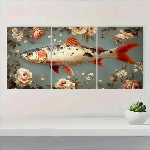 3pcs Vintage Fish Print on Neutral Floral  Wall Art Set Canvas Unframed - High Quality Print 100% Australian Made Wall Canvas
