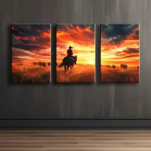 3pcs Cowboy On Horseback Illustration Wall Art Set Canvas Framed 50x70cm - High Quality Print 100% Australian Made Wall Canvas Ready to Hang