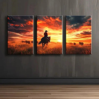 3pcs Cowboy On Horseback Illustration Wall Art Set Canvas Framed 50x70cm - High Quality Print 100% Australian Made Wall Canvas Ready to Hang