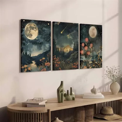 3pcs Moon & Wildflowers Mountain Canvas Framed 40x60cm - High Quality Print 100% Australian Made Wall Canvas Ready to Hang