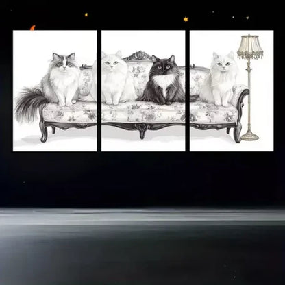 3pcs Black & White Cats In Sofa Canvas Framed 60x90cm - High Quality Print 100% Australian Made Wall Canvas Ready to Hang