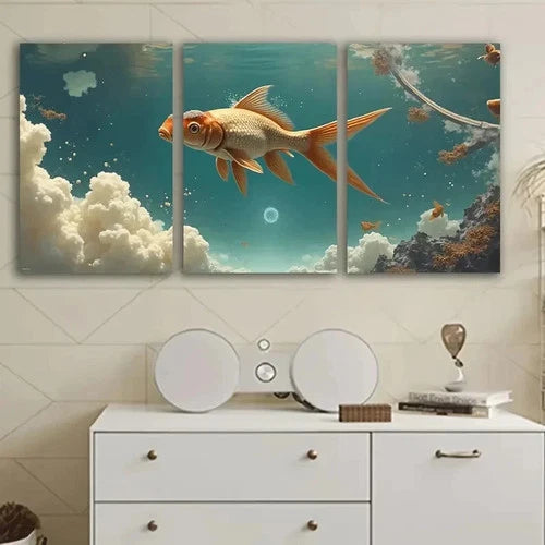 3pcs Goldfish Ocean Clouds Abstract Wall Art Set Canvas Framed 40x60cm - High Quality Print 100% Australian Made Wall Canvas Ready to Hang
