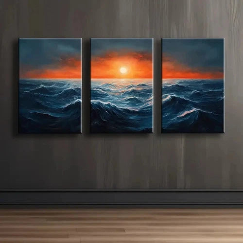 3pcs Abstract Ocean Waves And Sun Wall Art Set Canvas Framed 40x60cm - High Quality Print 100% Australian Made Wall Canvas Ready to Hang