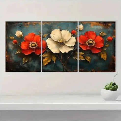 3pcs Rustic Wildflower Design in Red Wall Art Set Canvas Unframed - High Quality Print 100% Australian Made Wall Canvas
