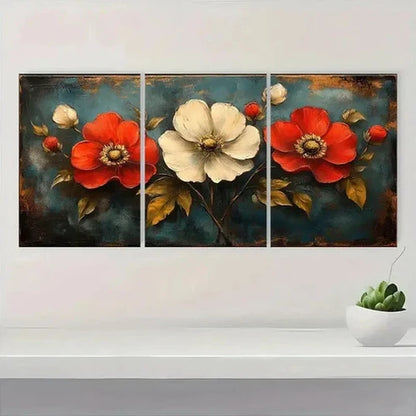 3pcs Rustic Wildflower Design in Red Wall Art Set Canvas Unframed - High Quality Print 100% Australian Made Wall Canvas