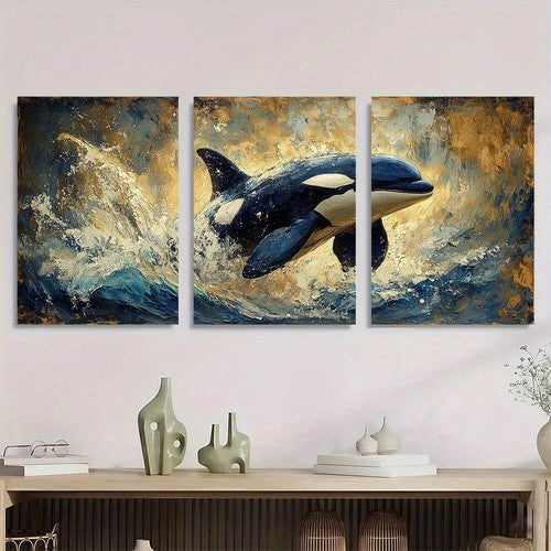 3pcs Orca Whale Splash Vibrant Oceanic Animal Metal Print Ready to Hang Art