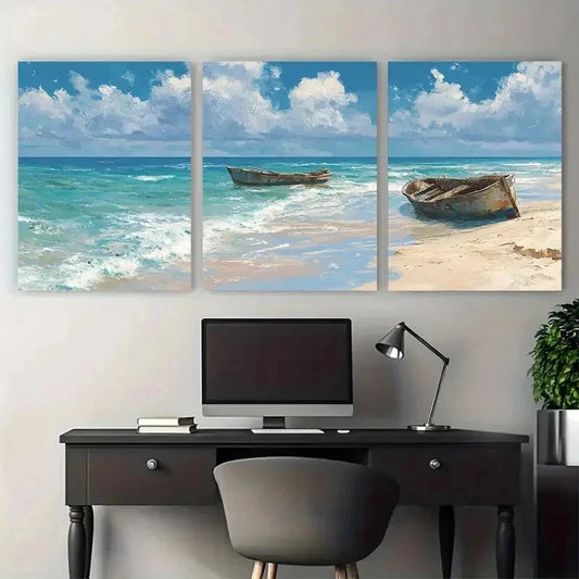 3pcs Stranded Boats On Beach Variant Perfect Wall Art Set Canvas Framed 40x60cm - High Quality Print 100% Australian Made Wall Canvas Ready to Hang
