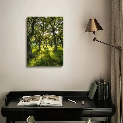 Lush Oak Forest Scene with Sunlit Trees Painting 40x60cm Metal Print Ready to Hang