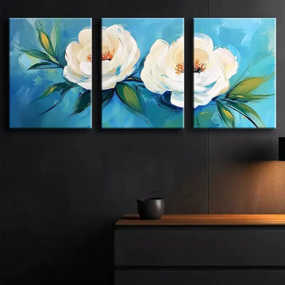 3pcs White Flowers with Blue Leaves Floral Décor Wall Art Set Canvas Framed 40x60cm - High Quality Print 100% Australian Made Wall Canvas Ready to Hang