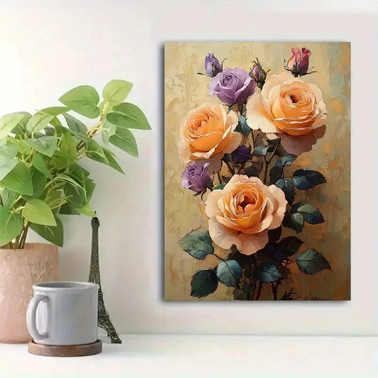 Beautiful Yellow & Purple Roses Painting 40x60cm Metal Print Ready to Hang