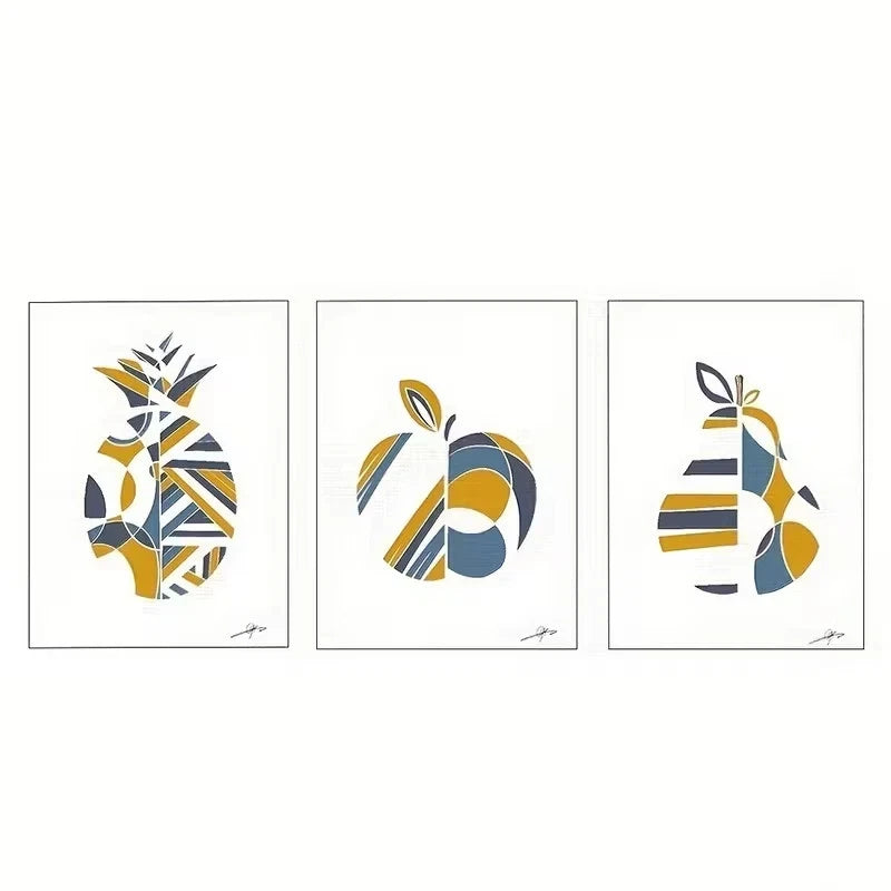 3pcs Mustard Yellow and Blue Geometric Fruit  Wall Art Set Canvas Framed 60x90cm - High Quality Print 100% Australian Made Wall Canvas Ready to Hang