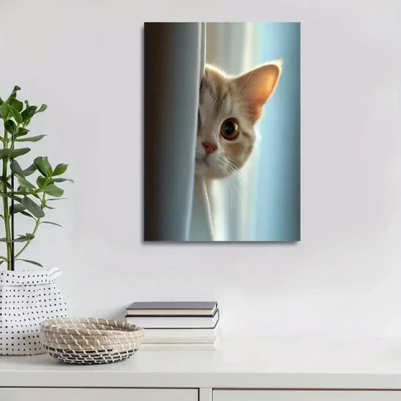Beautiful Whimsy Woodland Cat Peek Painting 40x60cm Metal Print Ready to Hang