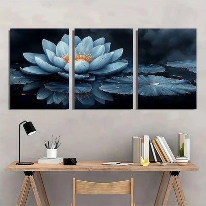 3pcs Zen for Lotus Flower Serene Blue & White Metal Print Ready to Hang Art