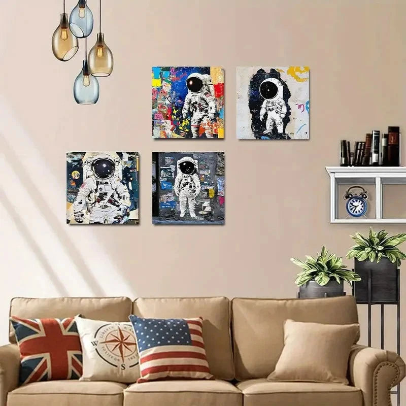 4pcsVibrant Astronaut Graffiti Wall Art Canvas Framed
