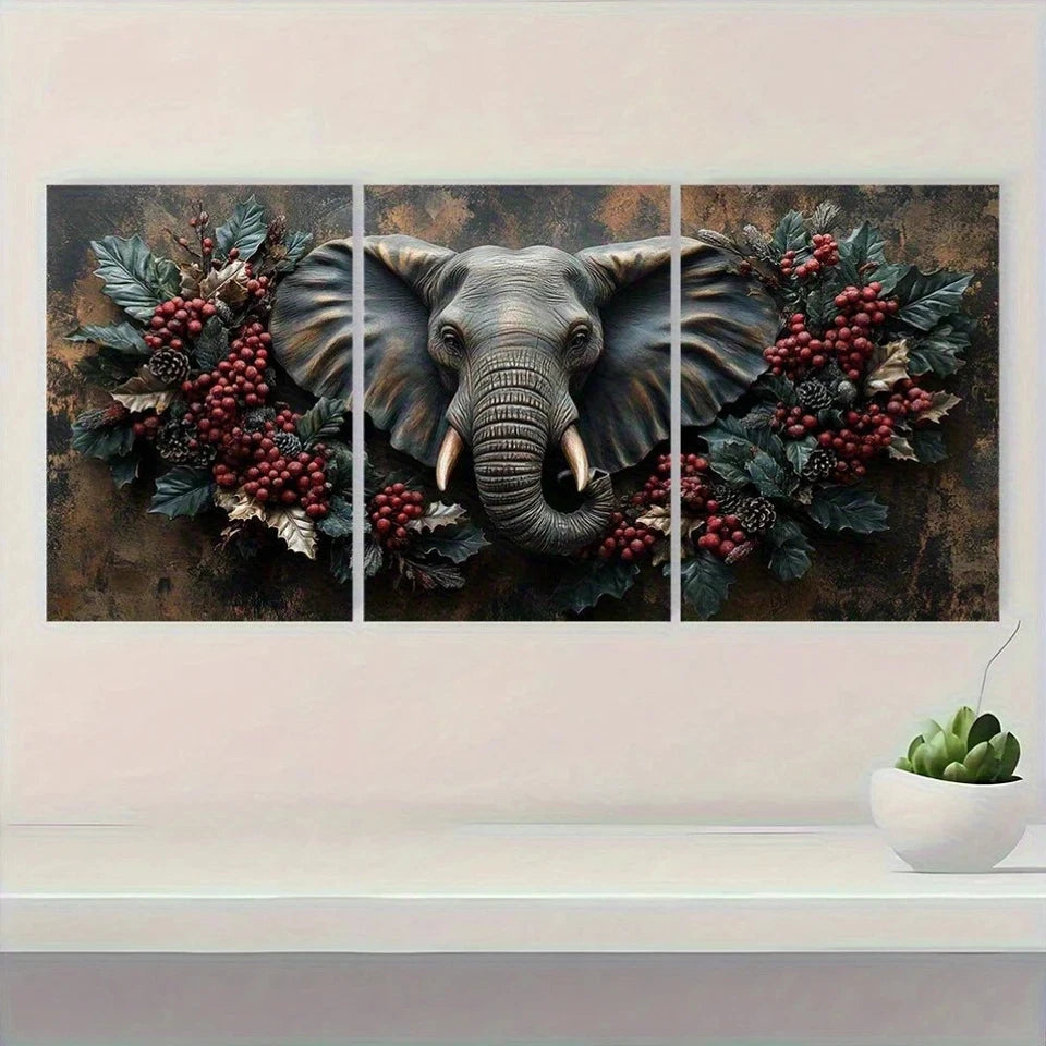 3pcs Elephant Wreath Design Animal Themed Metal Print Ready to Hang Art