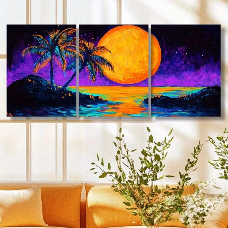 3pcs Vibrant Sunset Palm Trees Modern Metal Print Ready to Hang Art