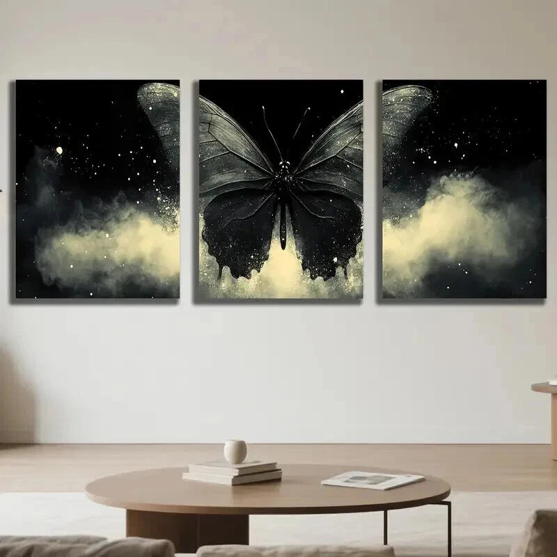 3pcs Black Mystical Butterfly Decoration Wall Art Set Canvas Framed 40x60cm - High Quality Print 100% Australian Made Wall Canvas Ready to Hang