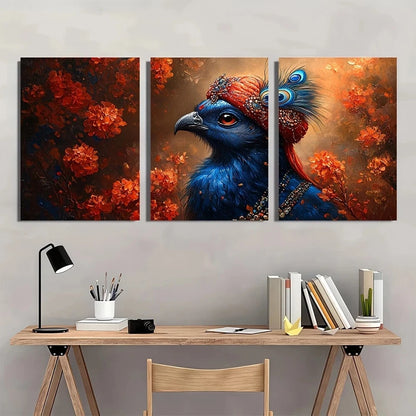 3pcs Vibrant Blue Peacock Red Flowers Metal Print Ready to Hang Art