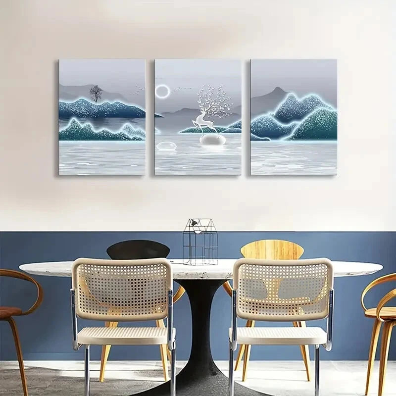 3pcs Lake Scene Serene Sky & Snow Capped Peaks Metal Print Ready to Hang Art