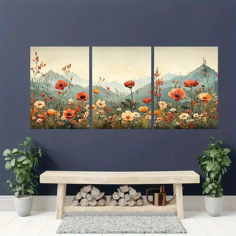 3pcs Wildflower Botanical Floral Panoramic Art  Metal Print Ready to Hang Art