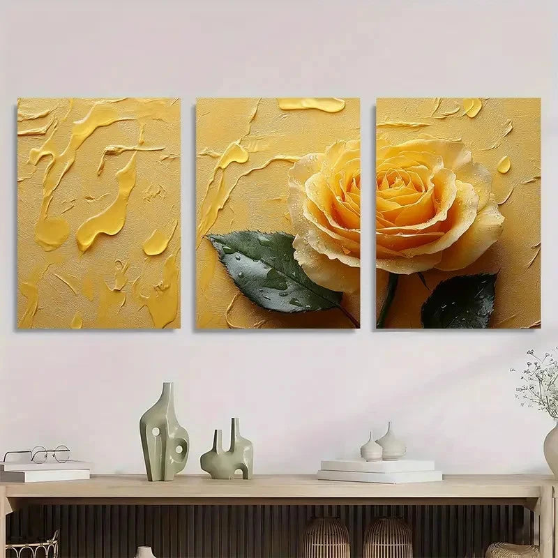 3pcs Yellow Rose Aesthetic Décor Perfect Wall Art Set Canvas Framed 40x60cm - High Quality Print 100% Australian Made Wall Canvas Ready to Hang