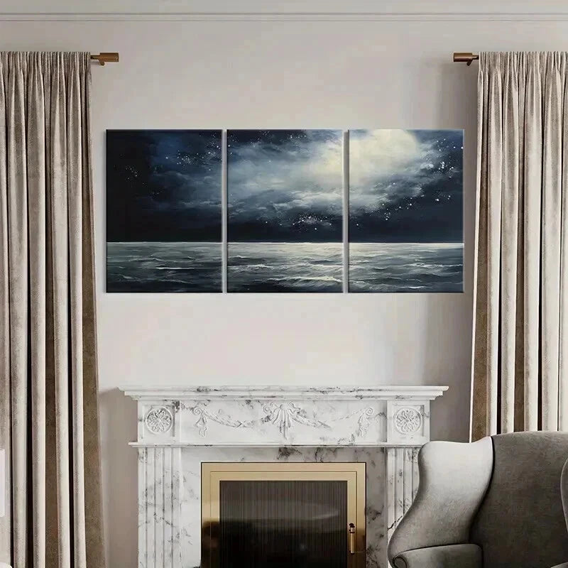 3pcs Moonlit Ocean Waves Dark Sky Clouds Night Wall Art Set Canvas Framed 40x60cm - High Quality Print 100% Australian Made Wall Canvas Ready to Hang