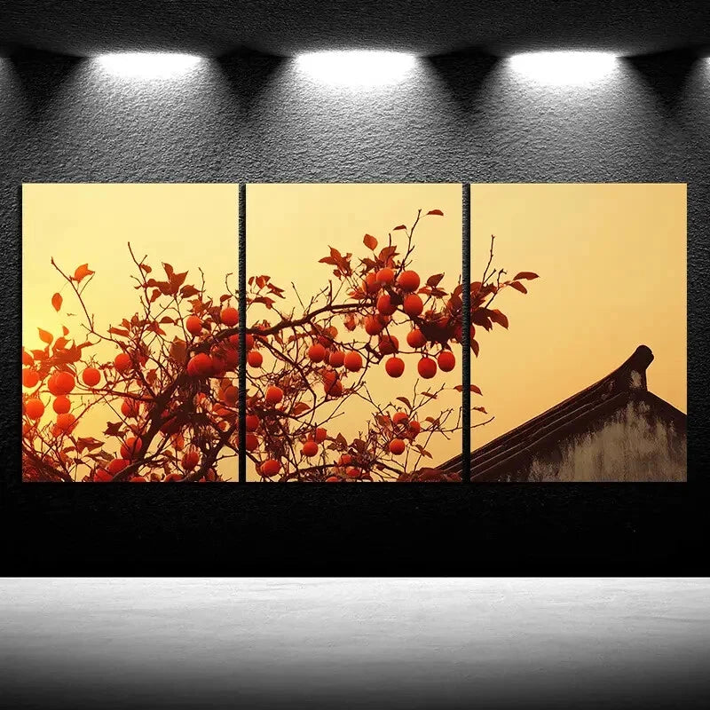 3pcs Red Leaves The Tree On The Eaves Metal Print Ready to Hang Art