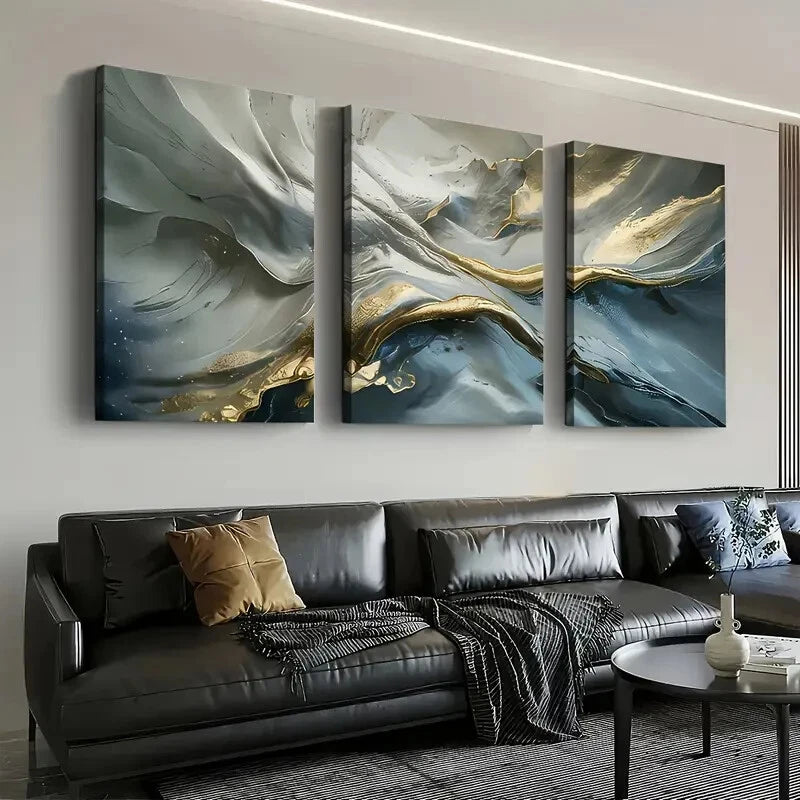 3pcs Abstract Golden & Gray Décor Perfect Wall Art Set Canvas Framed 40x60cm - High Quality Print 100% Australian Made Wall Canvas Ready to Hang