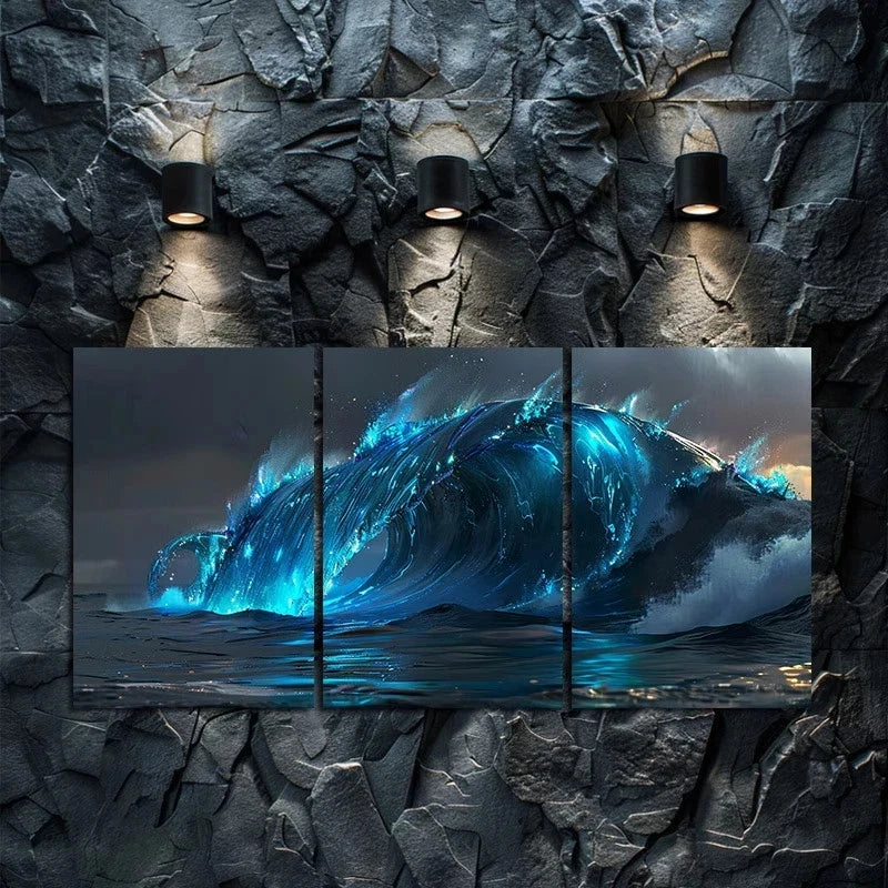 3pcs Bioluminescent Wave with Glowing Energy Metal Print Ready to Hang Art
