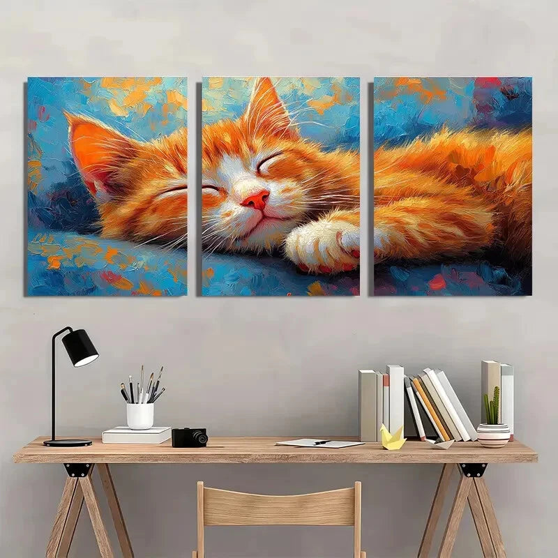 3pcs Vibrant Blue & Yellow Abstract Sleeping Cat Metal Print Ready to Hang Art