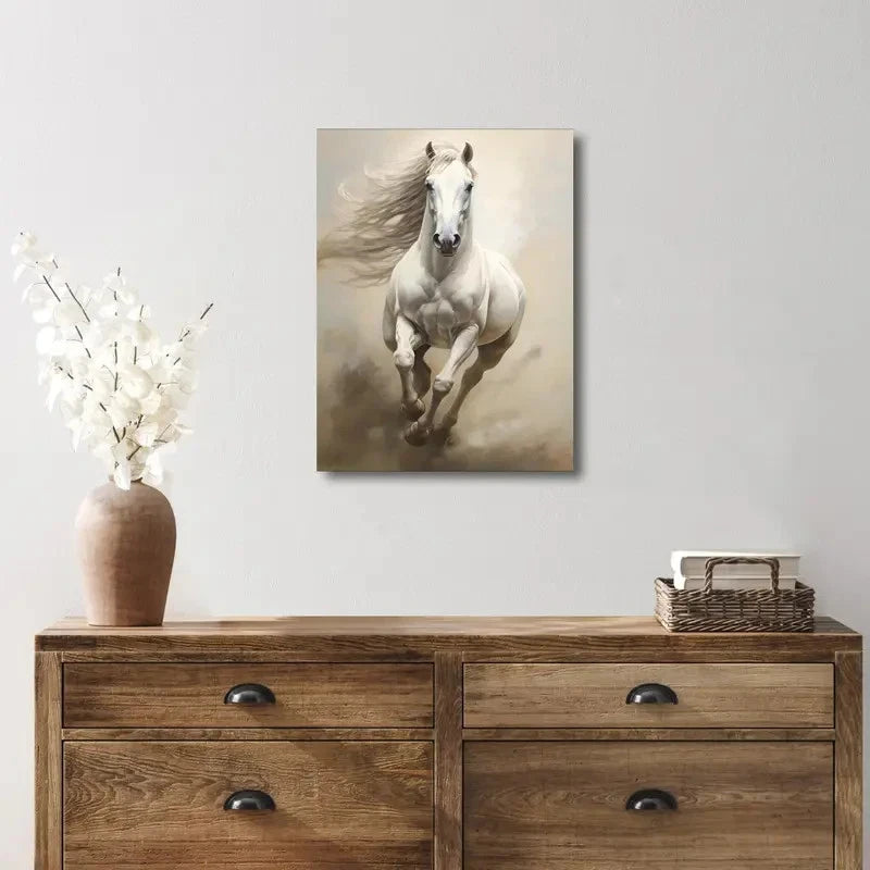 Beautiful Elegant White Horse Painting 40x60cm Metal Print Ready to Hang