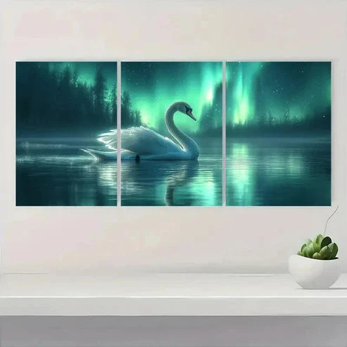 3pcs Northern Lights Aurora Borealis Swan E Wall Art Set Canvas Unframed - High Quality Print 100% Australian Made Wall Canvas - Bella Home Decor