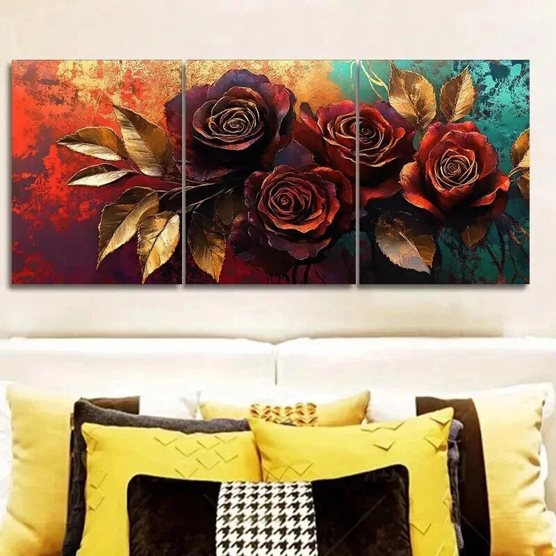 3pcs Painting Of A Rose In Golden Leaf Wall Art Set Canvas Framed 40x60cm - High Quality Print 100% Australian Made Wall Canvas Ready to Hang