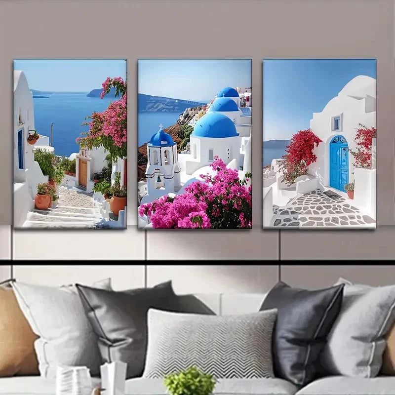 3pcs Greek Trinity Island and Aegean Sea Scenery Metal Print Ready to Hang Art