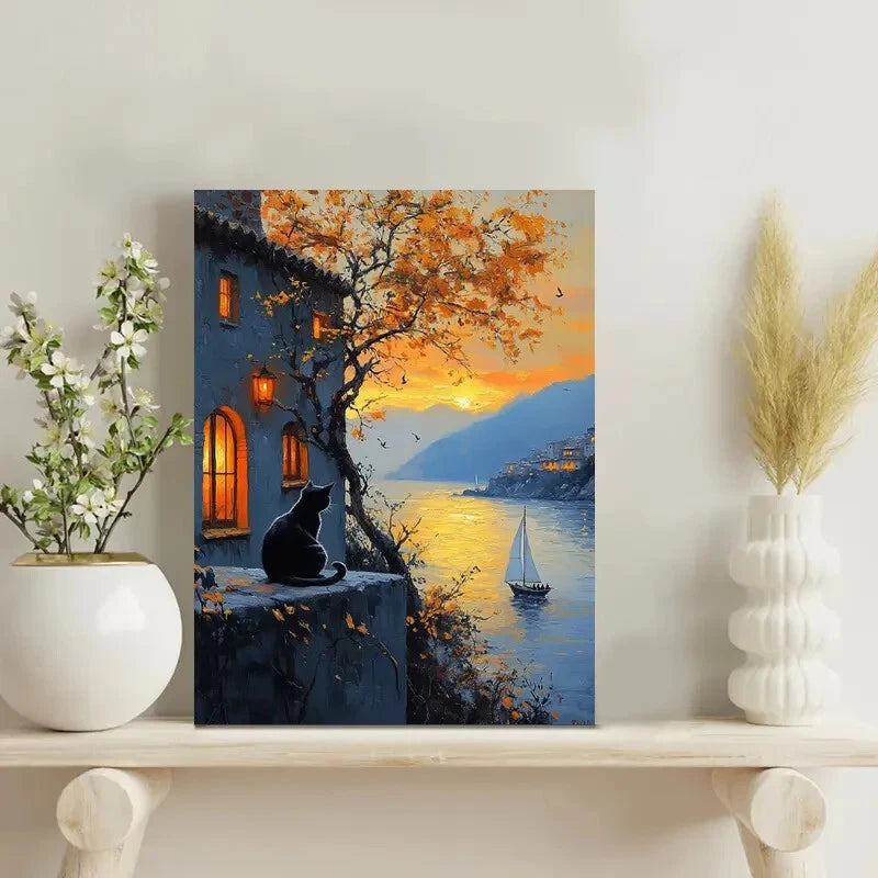 Black Cat by the Sea Sunset Painting 40x60cm Metal Print Ready to Hang