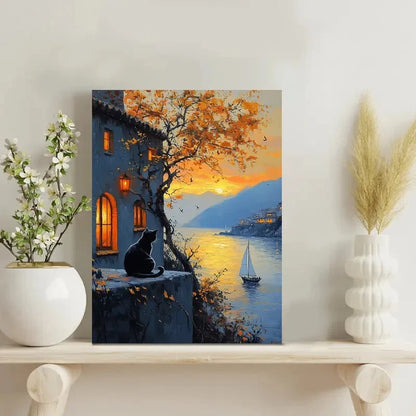 Black Cat by the Sea Sunset Painting 40x60cm Metal Print Ready to Hang