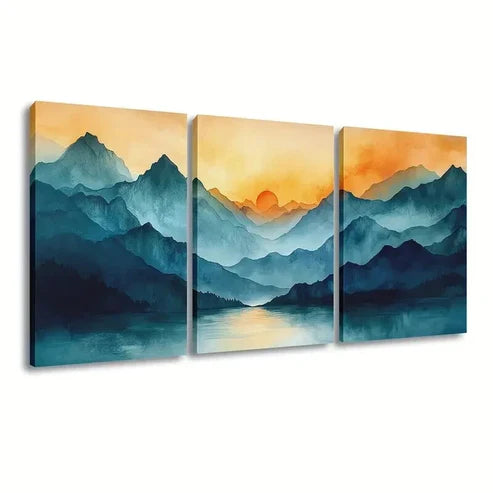 3pcs Blue Mountains and Orange Sunrise Wall Art Canvas Unframed - High Quality Print 100% Australian Made Wall Canvas