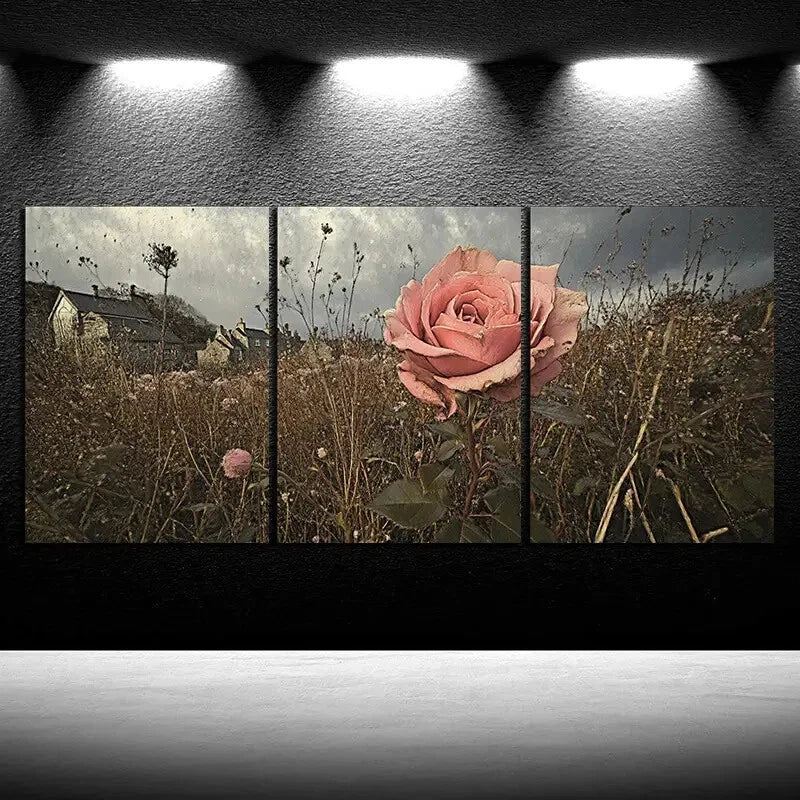 3pcs Rose in the Rain Nature Scenery Metal Print Ready to Hang Art