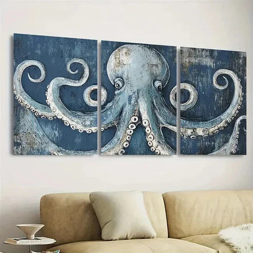 3pcs Blue Octopus Art Nautical Wall Art Set Canvas Unframed - High Quality Print 100% Australian Made Wall Canvas