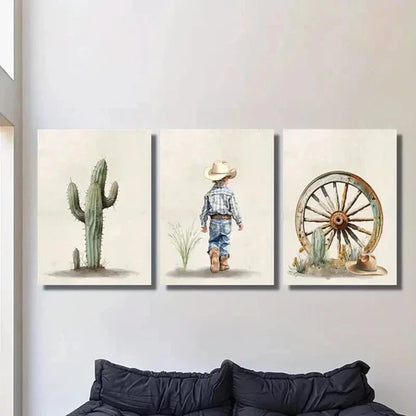 3pcs Green Cactus Cowboy Boy Desert Theme   Art Set Canvas Unframed - High Quality Print 100% Australian Made Wall Canvas