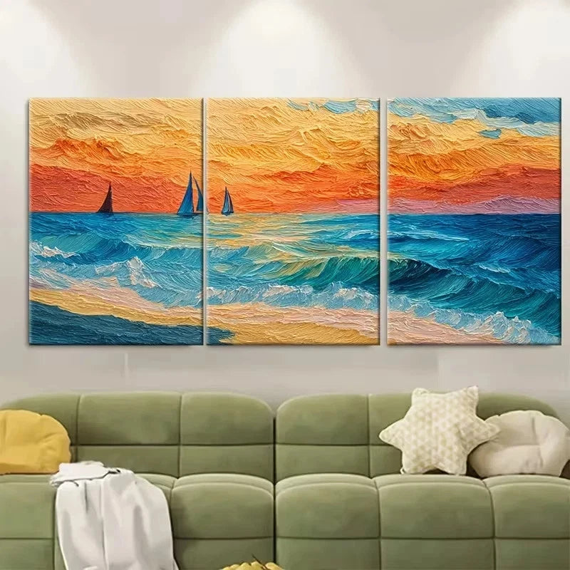 3pcs Sunset Over The Ocean Wall Art Set Canvas Framed 40x60cm – High Quality Print 100% Australian Made Wall Canvas Ready to Hang